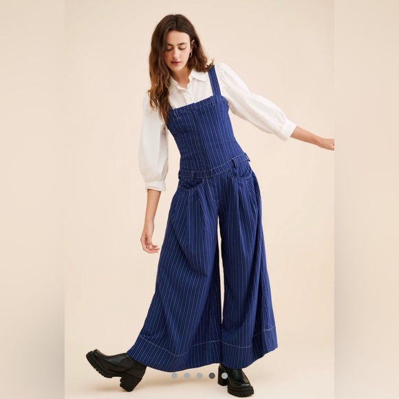 Free People Pants - Free People Blue Striped Jumpsuit with White Blouse
